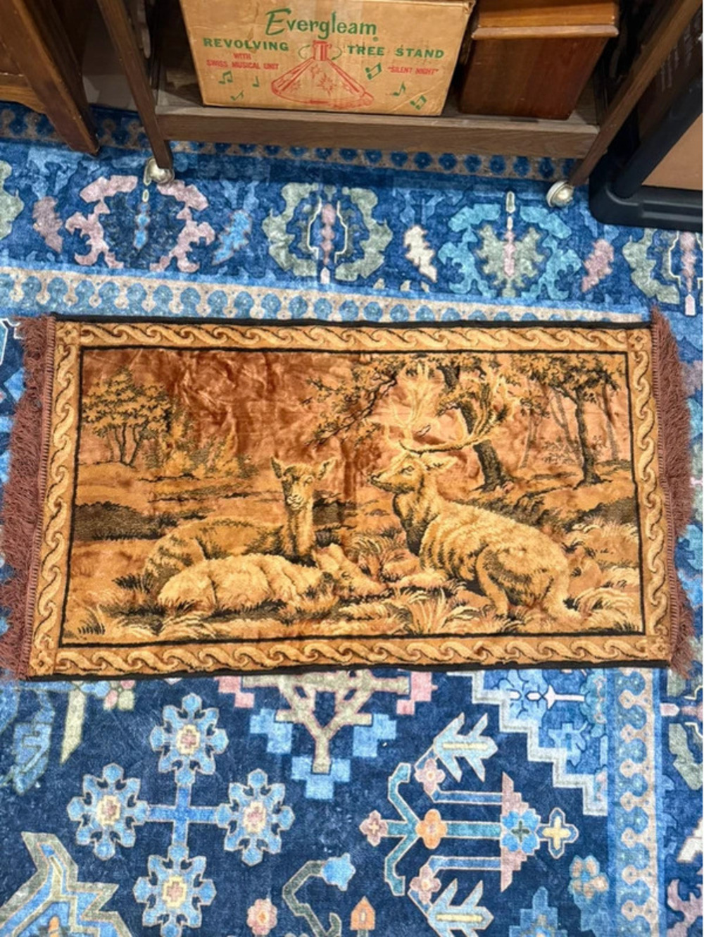 Vintage Velvet Deer Tapestry Wall Hanging Rug 45x24 Fringed Woodland